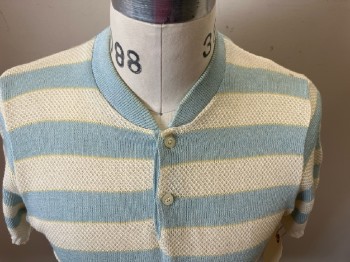ROBERTS, Cream Lt Blue & Yellow H-stripes Sweater Knit, S/S, 2 Btn. Placket CN, Pullover, *stains On Shoulder & Waist