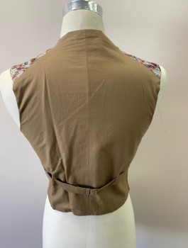 Mens, Historical Fiction Vest, NL, Blue-Gray, Navy Blue, Red, Brown, Cotton, Floral, 36, Shawl Collar, 6 Button Front Closure, Adjustable Back Belt, Top Stitching, Small Tear (showing Turquoise Lining) In Collar