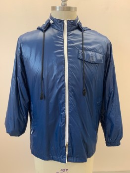 Mens, Jacket, NO LABEL, Blue, White, Nylon, Solid, C: 44, L, Racing Windbreaker,  L/S, Zip Front, High Collar, Side Pockets, Flap Pocket, Patch On Sleeve, With Hood