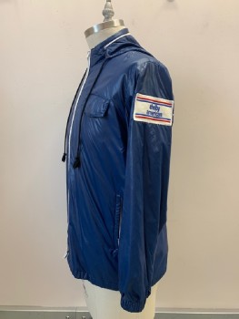 NO LABEL, Blue, White, Nylon, Solid, Racing Windbreaker,  L/S, Zip Front, High Collar, Side Pockets, Flap Pocket, Patch On Sleeve, With Hood