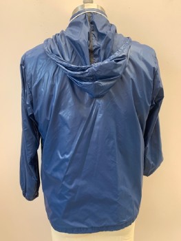 Mens, Jacket, NO LABEL, Blue, White, Nylon, Solid, C: 44, L, Racing Windbreaker,  L/S, Zip Front, High Collar, Side Pockets, Flap Pocket, Patch On Sleeve, With Hood