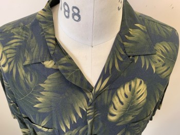 VINCE, Midnight Blue, Moss Green, Khaki Brown, Viscose, Tropical , Leaves/Vines , Short Sleeves, Button Front, Collar Attached, 2 Pocket,