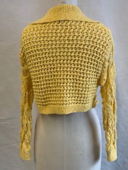 Womens, Sweater, FREE PEOPLE, Yellow, Cotton, Geometric, B36, C.A., 3 Button Closure, L/S, Crochet Pattern, Knit Collar And Cuffs