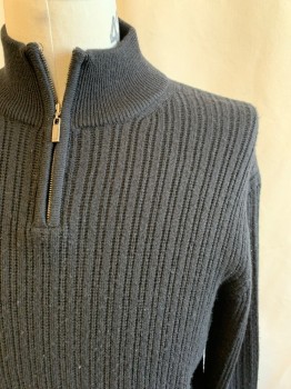 Mens, Pullover Sweater, ALFANI, Black, Wool, Acrylic, Solid, L, Vertical Ribbed, Zip Placket, Ribbed Knit Stand Collar/Waistband Cuff, *Pilling*