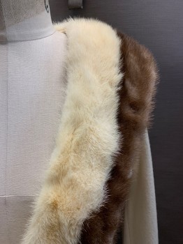 Womens, Sweater, B. ALTMAN, Cream, Brown, Cashmere, Fur, Solid, B34, CARDIGAN, Brown and Cream Fur Shawl Collar, Hook & Eye Closure, Sheer and Lace Lining, *Small Stain All Around*
