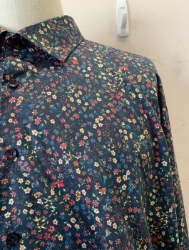 Mens, Casual Shirt, JARED LANG, Black, Multi-color, Cotton, Floral, 3 XLT, C.A., Button Front, L/S, Red, Beige, Blue, and Green Floral Print