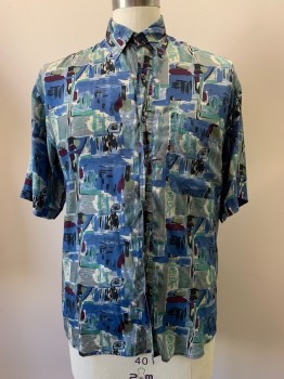 Mens, Casual Shirt, BENSI, Silver, French Blue, Wine Red, Sea Foam Green, Baby Blue, Silk, Abstract , C42, S, S/S, Button Front, Collar Attached, Chest Pocket
