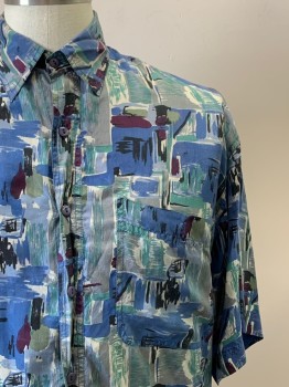 Mens, Casual Shirt, BENSI, Silver, French Blue, Wine Red, Sea Foam Green, Baby Blue, Silk, Abstract , C42, S, S/S, Button Front, Collar Attached, Chest Pocket
