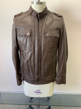 Mens, Leather Jacket, DANIER, Brown, Leather, L, Stand Collar With Tab & Snap Button, Zip Front, 4 Pockets, Epaulets