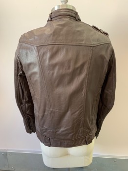 Mens, Leather Jacket, DANIER, Brown, Leather, L, Stand Collar With Tab & Snap Button, Zip Front, 4 Pockets, Epaulets
