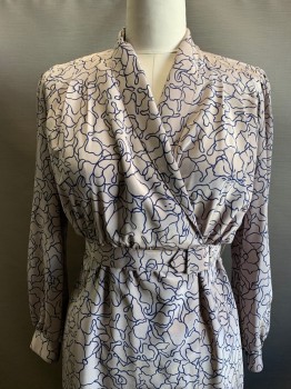 COCO, Khaki Brown, Navy Blue, Polyester, Abstract , with Matching Belt, Wrap Around Dress, Surplice, L/S, Gathered At Waist, Hem Below Knee
