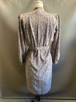 COCO, Khaki Brown, Navy Blue, Polyester, Abstract , with Matching Belt, Wrap Around Dress, Surplice, L/S, Gathered At Waist, Hem Below Knee