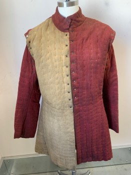 N/L, Sand, Red, Cotton, Color Blocking, Armor Padding, Quilted Squares, Stand Collar, Sleeves Laced on (Missing Lacings), Knee Length Tunic, Made To Order, Aged