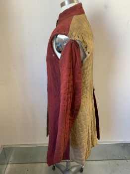 N/L, Sand, Red, Cotton, Color Blocking, Armor Padding, Quilted Squares, Stand Collar, Sleeves Laced on (Missing Lacings), Knee Length Tunic, Made To Order, Aged