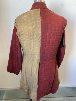 Mens, Historical Fiction Tunic, N/L, Sand, Red, Cotton, Color Blocking, 40-42, Armor Padding, Quilted Squares, Stand Collar, Sleeves Laced on (Missing Lacings), Knee Length Tunic, Made To Order, Aged