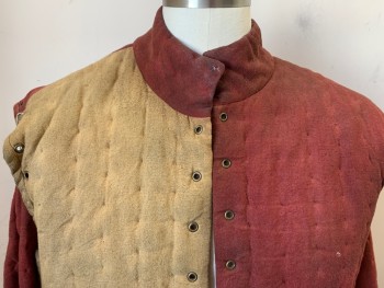 Mens, Historical Fiction Tunic, N/L, Sand, Red, Cotton, Color Blocking, 40-42, Armor Padding, Quilted Squares, Stand Collar, Sleeves Laced on (Missing Lacings), Knee Length Tunic, Made To Order, Aged