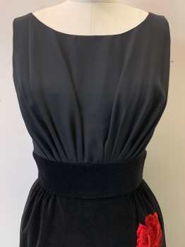 NO LABEL, Black, Red, Green, Cotton, Polyester, Solid, Sleeveless, Scoop Neck, Pleated Chest, Velor Waist Band and Skirt, Embroiderred Large Rose on Skirt, Back Zipper,