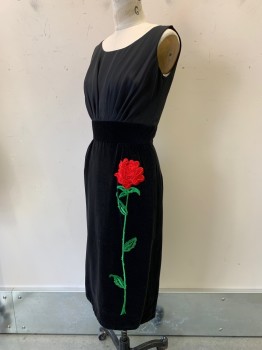 NO LABEL, Black, Red, Green, Cotton, Polyester, Solid, Sleeveless, Scoop Neck, Pleated Chest, Velor Waist Band and Skirt, Embroiderred Large Rose on Skirt, Back Zipper,
