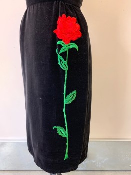 Womens, Evening Gown, NO LABEL, Black, Red, Green, Cotton, Polyester, Solid, W25, B34, Sleeveless, Scoop Neck, Pleated Chest, Velor Waist Band and Skirt, Embroiderred Large Rose on Skirt, Back Zipper,