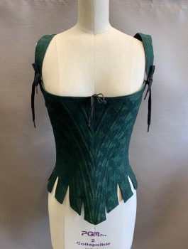 Womens, Historical Fiction Corset, PERIOD CORSETS, Forest Green, Silk, Abstract , W18-24, Brocade, 1" Wide Straps That Tie In Front, Boned, Tabbed Waist, Lace Up In Back