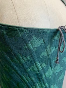 PERIOD CORSETS, Forest Green, Silk, Abstract , Brocade, 1" Wide Straps That Tie In Front, Boned, Tabbed Waist, Lace Up In Back
