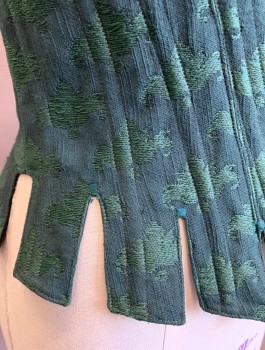 Womens, Historical Fiction Corset, PERIOD CORSETS, Forest Green, Silk, Abstract , W18-24, Brocade, 1" Wide Straps That Tie In Front, Boned, Tabbed Waist, Lace Up In Back