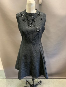 Womens, Dress, Sleeveless, MACY NOBLE, Black, Polyester, Acetate, Floral, 8, CN,with Beaded Detailing at CF,Fashion Styled Seam Details, CB, Zipper