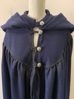 Womens, Historical Fiction Cape, N/L, Navy Blue, Wool, Solid, Size, One, 3 Silver Buttons, Hood, Yoke, Textured Weave, Little Aged Around Buttons