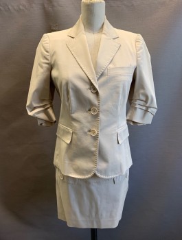 Womens, Suit, Jacket, MOSCHINO, Khaki Brown, Cotton, Synthetic, Solid, Jacket, Button Front, 3 Plastic Buttons, 3 Pockets, Pleated 3/4 Sleeves, Self Top Stitch