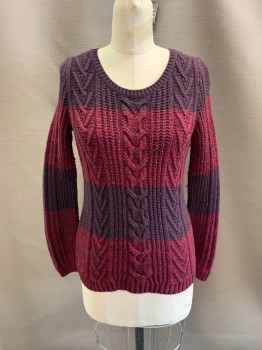 Womens, Pullover, GAP, Aubergine Purple, Red Burgundy, Nylon, Acrylic, Color Blocking, M, CN, Cable Knit, L/S