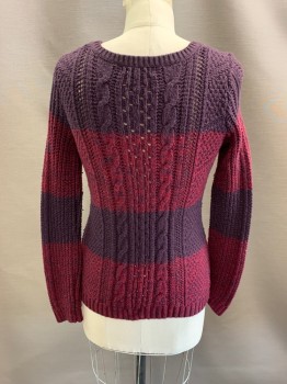 Womens, Pullover, GAP, Aubergine Purple, Red Burgundy, Nylon, Acrylic, Color Blocking, M, CN, Cable Knit, L/S