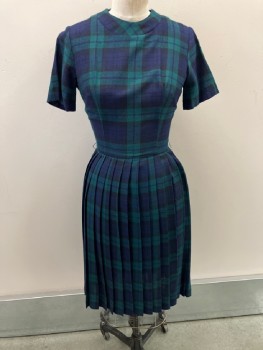 N/L , Green, Navy Blue, Wool, Plaid, Band Collar, S/S, CF Pleat,  With Knife Pleats At Waist,  CB Zip  * No Belt Attached*