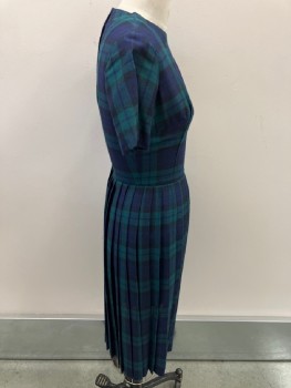 N/L , Green, Navy Blue, Wool, Plaid, Band Collar, S/S, CF Pleat,  With Knife Pleats At Waist,  CB Zip  * No Belt Attached*
