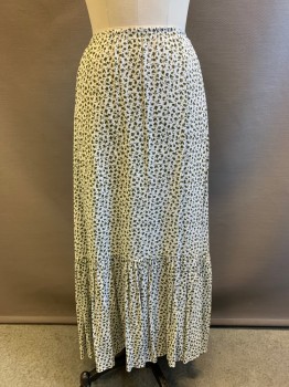 Womens, Skirt, Long, ULF ANDERSSON, Gray, Dk Green, White, Polyester, Floral, S, F.F, Elastic Waist Band, Pleated Bottom,