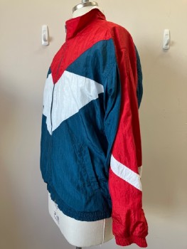 SPORTCLUB, Red, Teal Blue, White, Nylon, Color Blocking, Windbreaker, High Neck, Zip Front, L/S, Side Pockets,