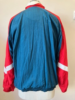 SPORTCLUB, Red, Teal Blue, White, Nylon, Color Blocking, Windbreaker, High Neck, Zip Front, L/S, Side Pockets,