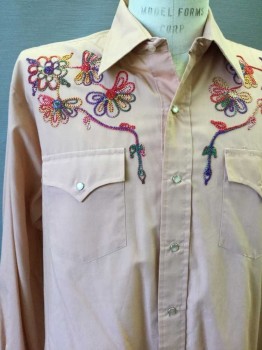 Mens, Western Shirt, CHAMPION WESTERN, Peach Orange, Multi-color, Polyester, Cotton, Solid, Floral, 34, 17, Snap Front, 2 Pockets, Sparkly Rainbow Yarn Floral Applique At Yoke