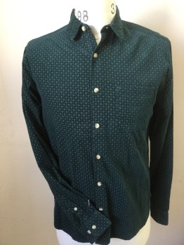URBAN OUTFITTERS, Dk Green, Lime Green, Teal Blue, Cotton, Diamonds, Abstract , Dark Forrest Green Corduroy with Dots Diamond & Short Diagonal Teal Blue Lines Print, Collar Attached, Button Front, 1 Pocket, Long Sleeves,