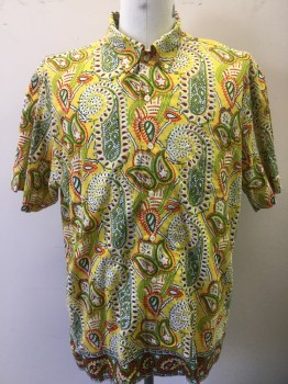 RALPH LAUREN, Yellow, Lime Green, Red, Black, White, Cotton, Paisley/Swirls, Collar Attached, Button Down,  Button Front, 1 Pocket, Short Sleeves,