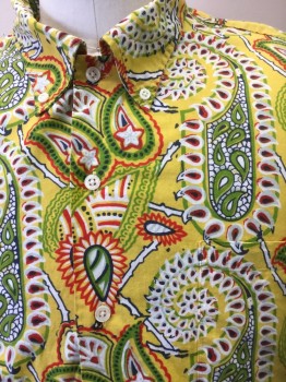 Mens, Casual Shirt, RALPH LAUREN, Yellow, Lime Green, Red, Black, White, Cotton, Paisley/Swirls, XL, Collar Attached, Button Down,  Button Front, 1 Pocket, Short Sleeves,