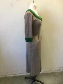 N/L, Lt Brown, Kelly Green, Wool, Cotton, Heathered, Solid, Wool Jersey. Scoop Neck with Green Velvet Wide Trim with Green Boucle Wool Trim. Green Velvet & Green Boucle Also at Cuffs. 2 Pockets at Side and Zipper at Left Side Seam with Matching Self Belt