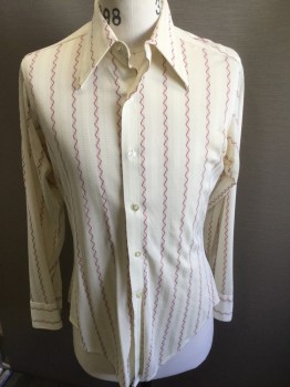 GINO FABRINI, Cream, Red, Acetate, Stripes - Vertical , Cream with Red Wavy Vertical Stripes, Self Textured Stripes, Long Sleeve Button Front, Collar Attached, No Pockets,