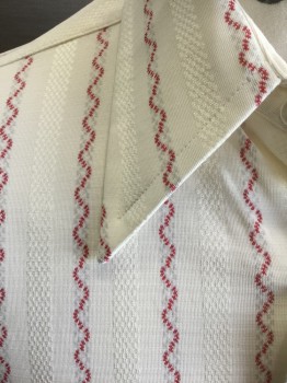 Mens, Dress Shirt, GINO FABRINI, Cream, Red, Acetate, Stripes - Vertical , Slv:33, N:15.5, Cream with Red Wavy Vertical Stripes, Self Textured Stripes, Long Sleeve Button Front, Collar Attached, No Pockets,