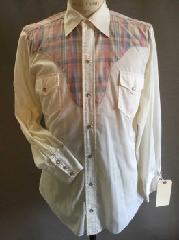 CALIFORNIA RANCHER, Cream, Slate Blue, Red, Orange, Gray, Polyester, Cotton, Plaid, Heathered, Western Style:  Cream with Heather Navy,gray,red,orange Plaid Yoke, Collar Attached, Pearly Beige Snap Front, Long Sleeves, See Photo Attached,