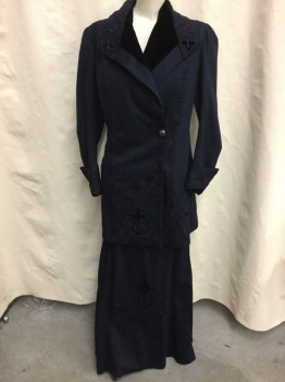 N/L, Midnight Blue, Wool, Solid, with Velvet Panel At Lapel and Cuffs, Soutache Applique Trim Throughout, Particularly Concentrated At Bottom Half, Cuffs, Lapel, and 2 Vertical Stripes (One On Each Side) From Center Back Hem To Center Front Hem, 1 Oversized Button Closure, Low Hip/Thigh Length, Plum Satin Lining,