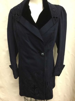 N/L, Midnight Blue, Wool, Solid, with Velvet Panel At Lapel and Cuffs, Soutache Applique Trim Throughout, Particularly Concentrated At Bottom Half, Cuffs, Lapel, and 2 Vertical Stripes (One On Each Side) From Center Back Hem To Center Front Hem, 1 Oversized Button Closure, Low Hip/Thigh Length, Plum Satin Lining,