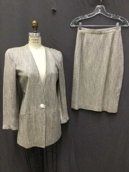Womens, Suit, Jacket, CHRISTIAN DIOR, Heather Gray, Black, Cream, Wool, Heathered, 4, V-neck, Single Breasted, 1 Button Front, Long Sleeves, 3 Pockets
