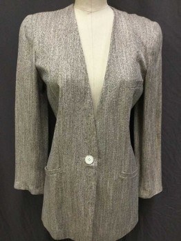 CHRISTIAN DIOR, Heather Gray, Black, Cream, Wool, Heathered, V-neck, Single Breasted, 1 Button Front, Long Sleeves, 3 Pockets