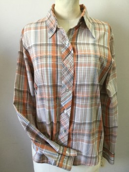 N/L, Orange, Lt Brown, White, Sky Blue, Polyester, Cotton, Plaid, Button Front, Collar Attached, Long Sleeves,