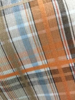 Womens, Shirt, N/L, Orange, Lt Brown, White, Sky Blue, Polyester, Cotton, Plaid, M, Button Front, Collar Attached, Long Sleeves,